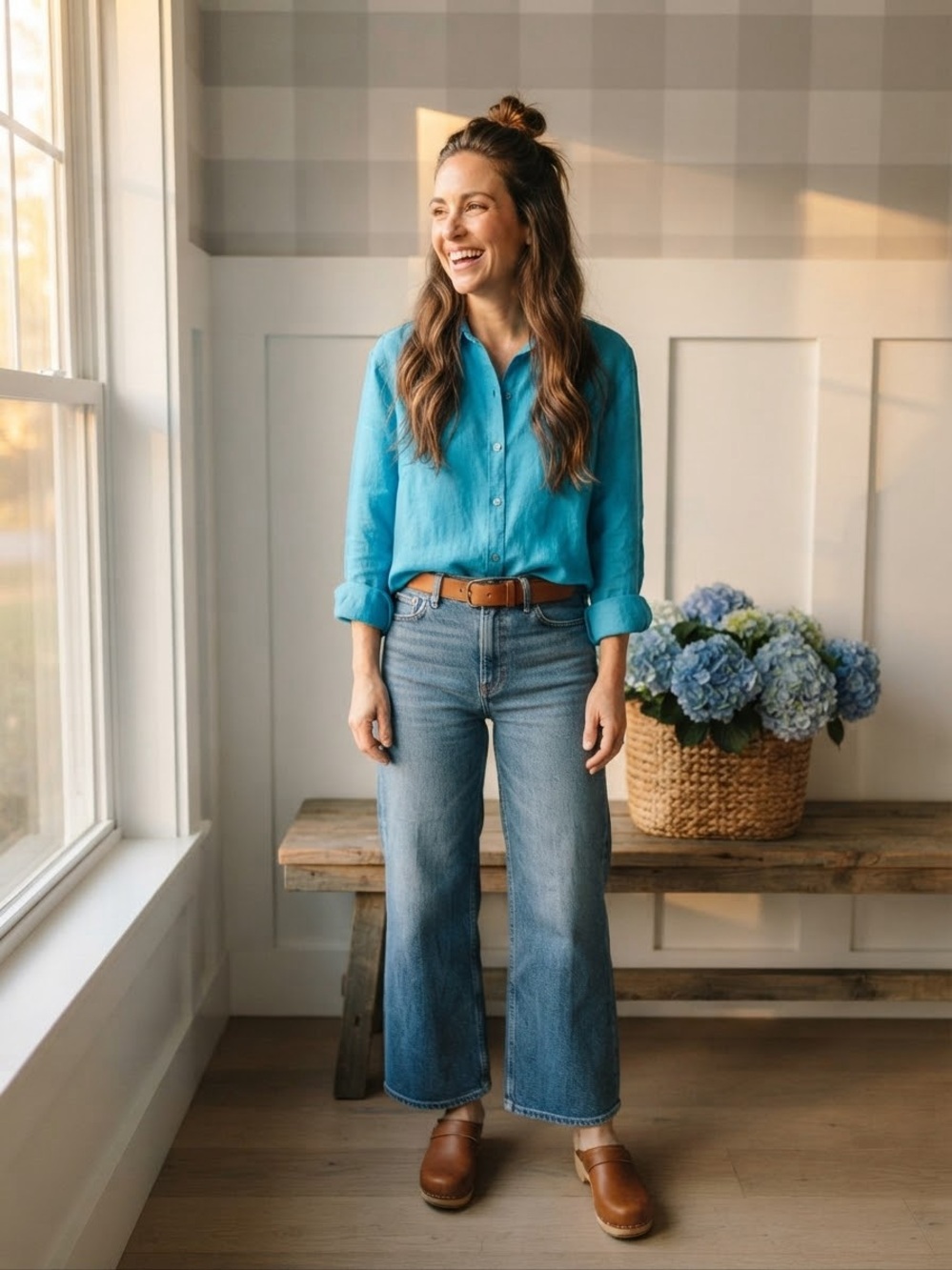 Greece Linen Button-Front Blouse in Turquoise Blue